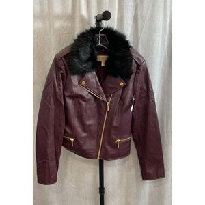 Michael Kors Women's Dark Purple with Black Fur and Gold Detail Pleather Jacket